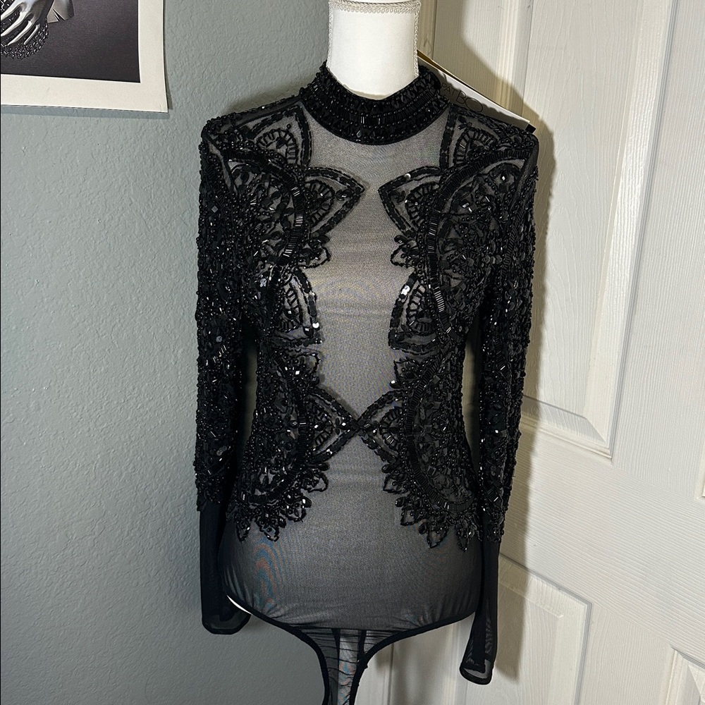 PatBO Black Hand-Beaded Bodysuit